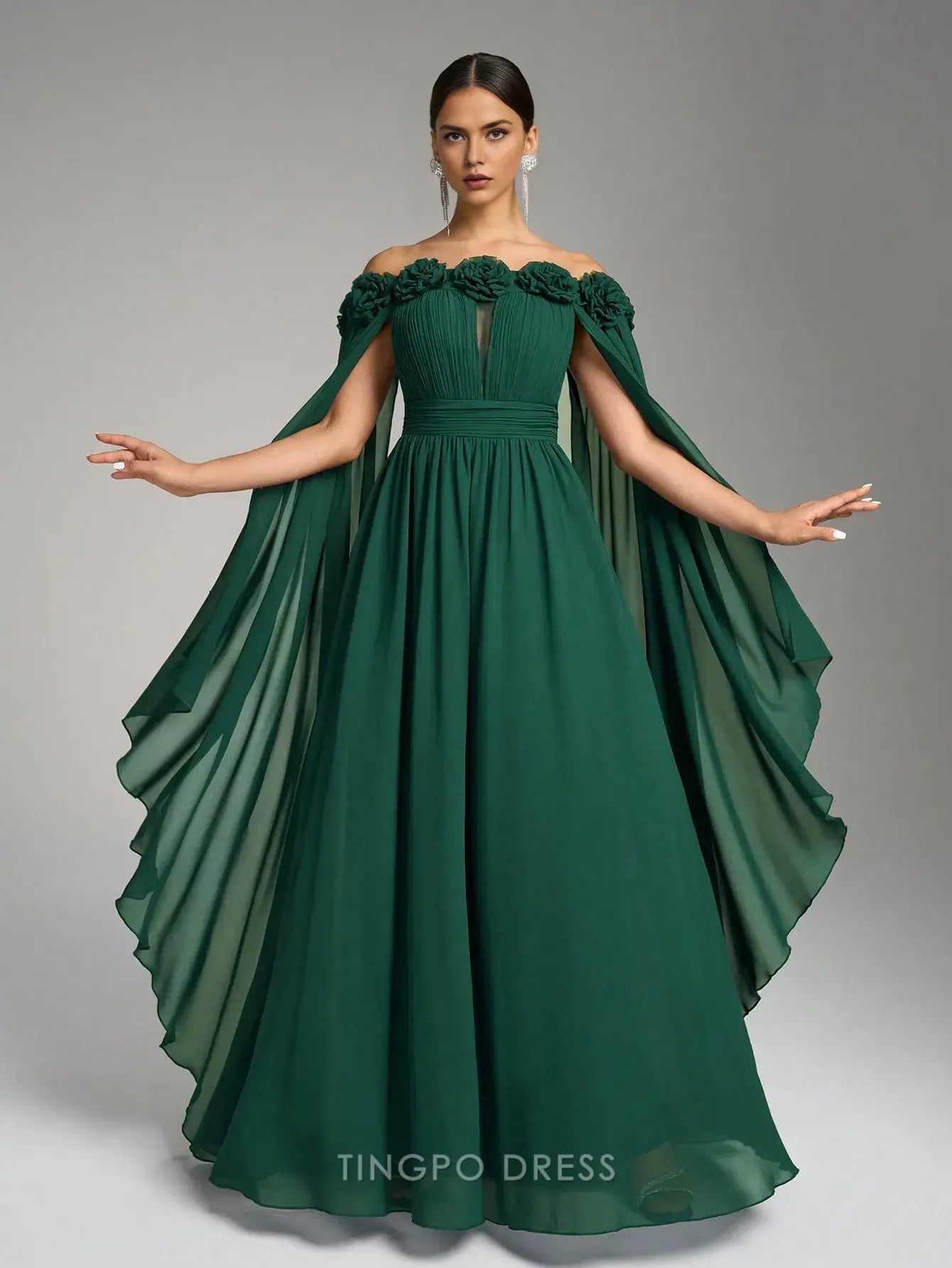 Elegant A-Line Off - Shoulder Floral Appliqué Cape Sleeve Maxi Dress Prom Dress